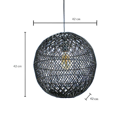 Black woven pendant light showing 45 cm height 45 cm width and 30 cm depth measured clearly for ceiling placement.