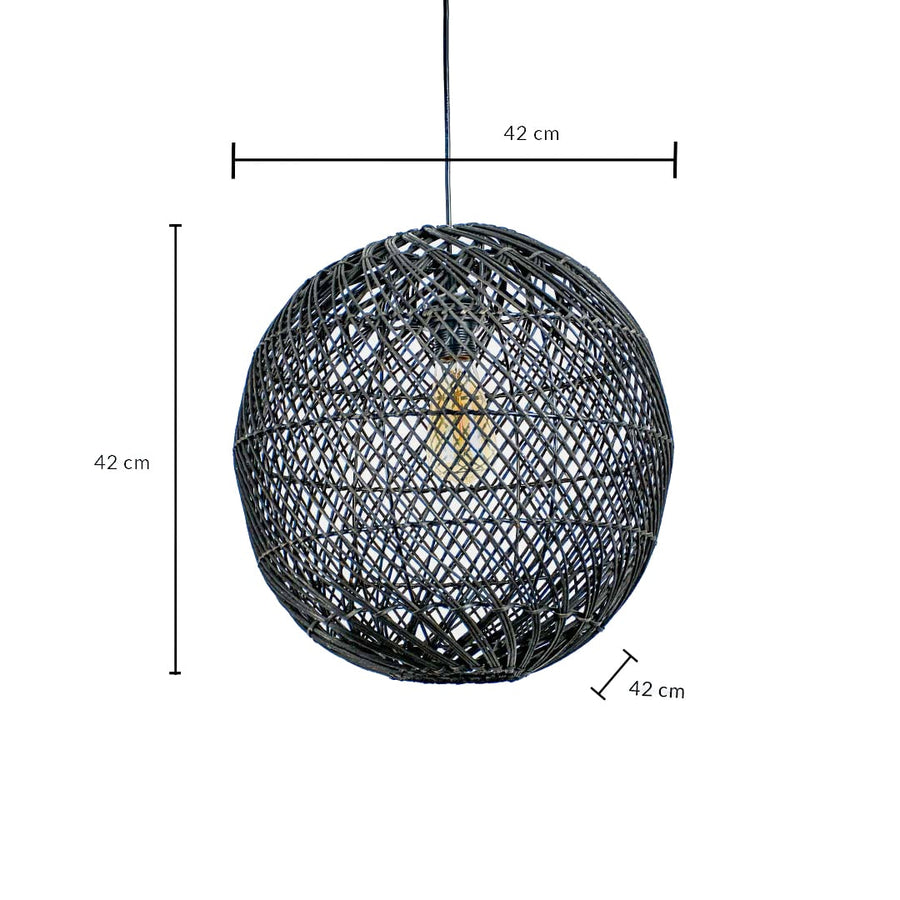 Black woven pendant light showing 45 cm height 45 cm width and 30 cm depth measured clearly for ceiling placement.