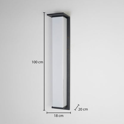 Modern outdoor bollard light in black metal with frosted panel showing 100 cm height 18 cm width and 20 cm depth for pathways.