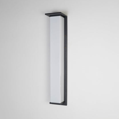 Modern vertical wall light with black frame and frosted glass shade displayed off on white background.