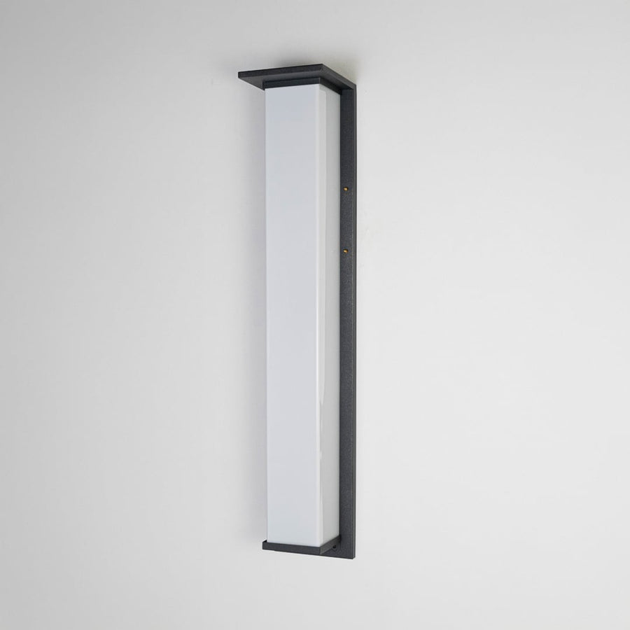 Modern vertical wall light with black frame and frosted glass shade displayed off on white background.