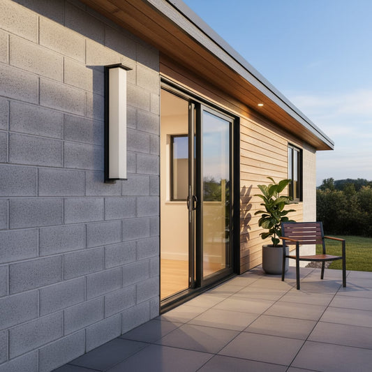 Modern outdoor wall light in metal finish mounted on exterior wall highlighting clean linear design for contemporary outdoor lighting.