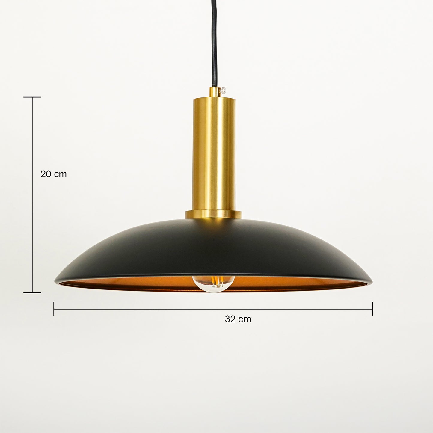 Dimension image of barn style black gold metal hanging lamp for modern dining room decor styling with accurate details.