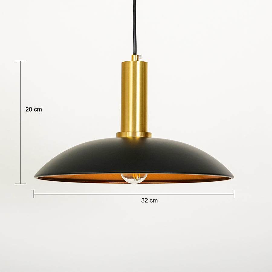 Dimension image of barn style black gold metal hanging lamp for modern dining room decor styling with accurate details.