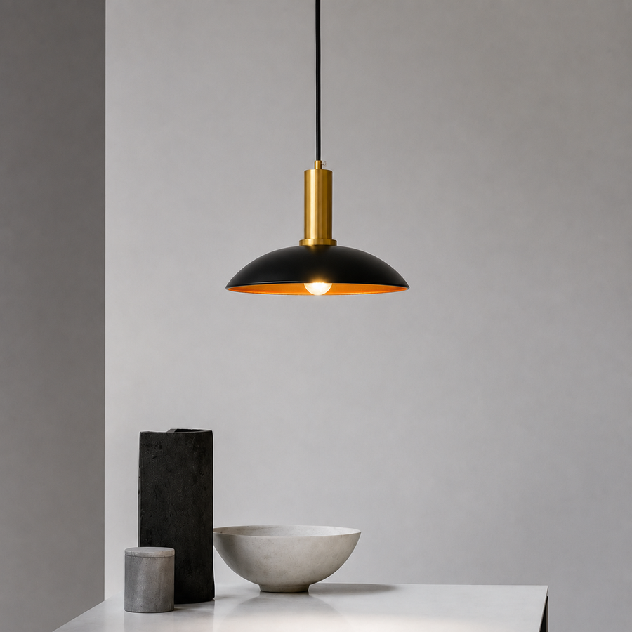 Lifestyle image of barn style black gold metal hanging lamp for elegant dining room decor styling with beautiful finish.