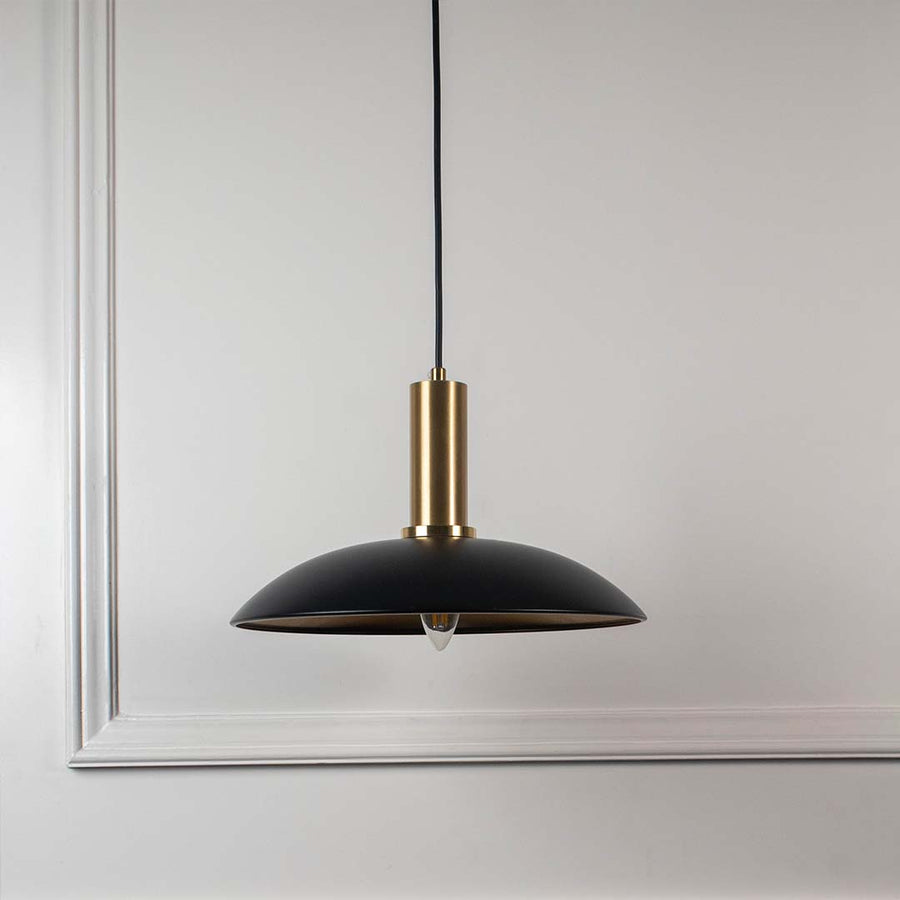 Barn Style Black & Gold Metal Hanging Lamp Light Off White Background