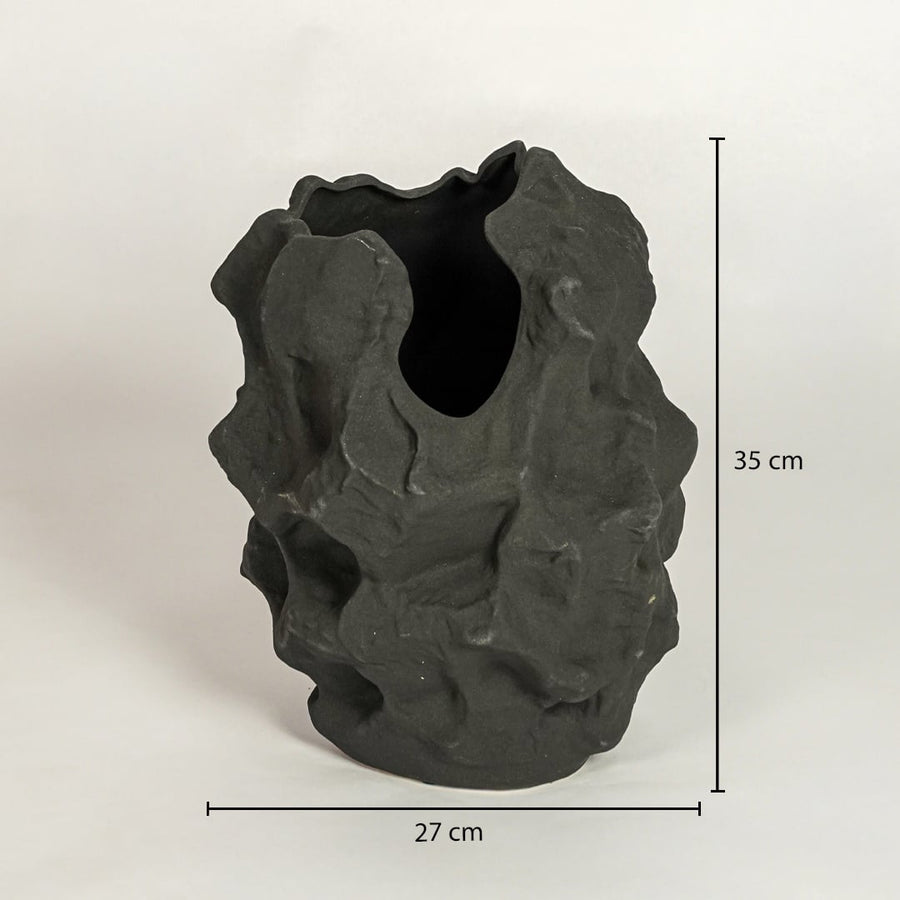Black sculptural ceramic vase dimension image showing 35 cm height and 27 cm width decorative ceramic accent for floor styling.