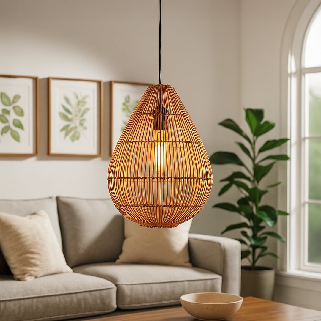 Teardrop-shaped rattan pendant light adding a warm organic accent to modern natural interiors.
