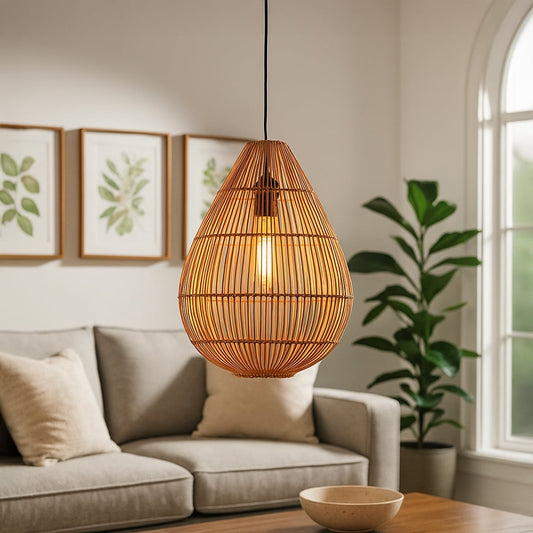 Teardrop-shaped rattan pendant light adding a warm organic accent to modern natural interiors.