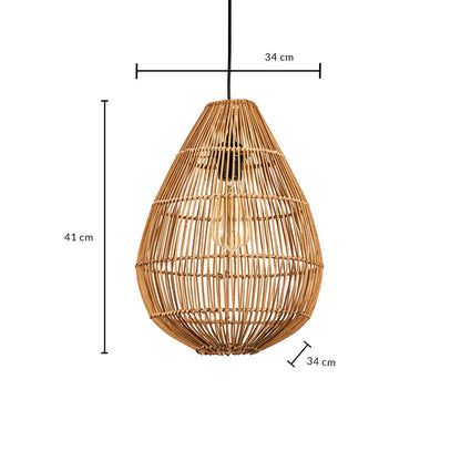 Rattan pendant light dimension image showing 41 cm height and 34 cm width with teardrop woven frame.