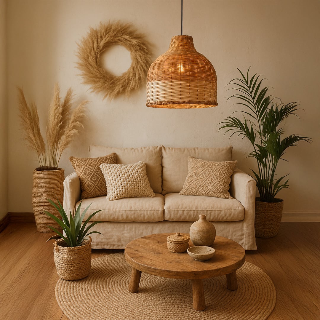 Woven rattan pendant light bringing a warm and organic charm to cozy modern living and dining interiors.