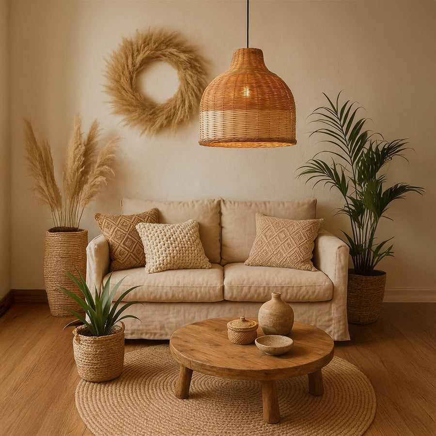 Woven rattan pendant light bringing a warm and organic charm to cozy modern living and dining interiors.