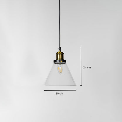 Pendant light with clear glass shade brass fitting and black cord shown with 24cm height and 19cm width.