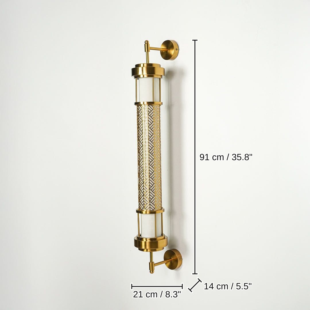Modern gold wall sconce with cylindrical glass tubes and metal detailing, 91 x 21 x 14 cm (35.8 x 8.3 x 5.5 inches) dimensions
