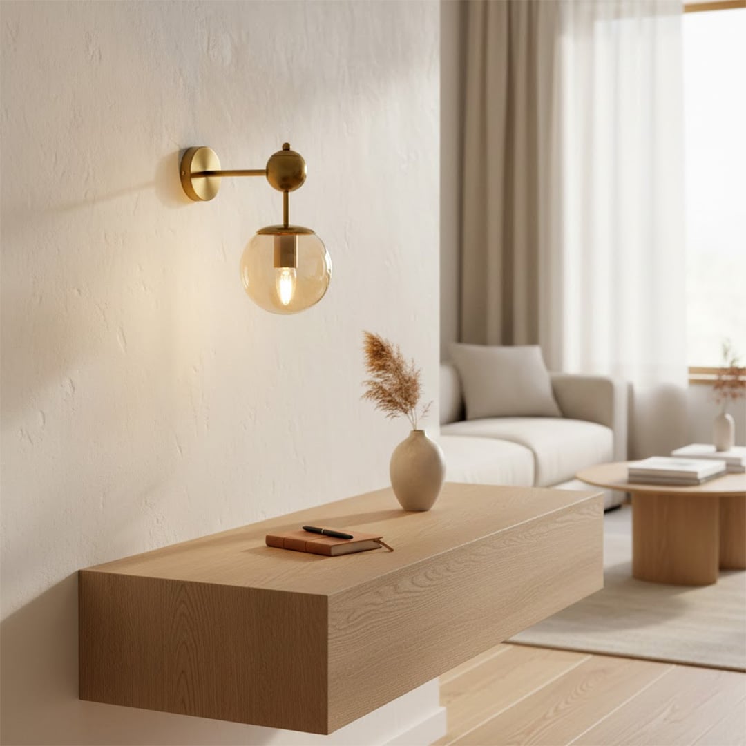 Modern gold glass wall light for elegant living room and contemporary home decor styling spaces.
