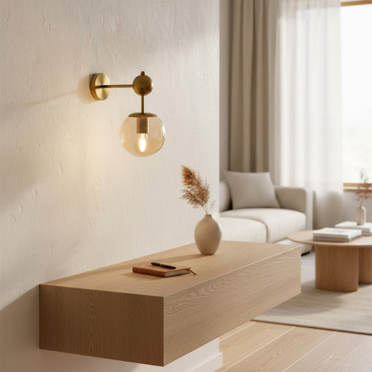 Modern gold glass wall light for elegant living room and contemporary home decor styling spaces.