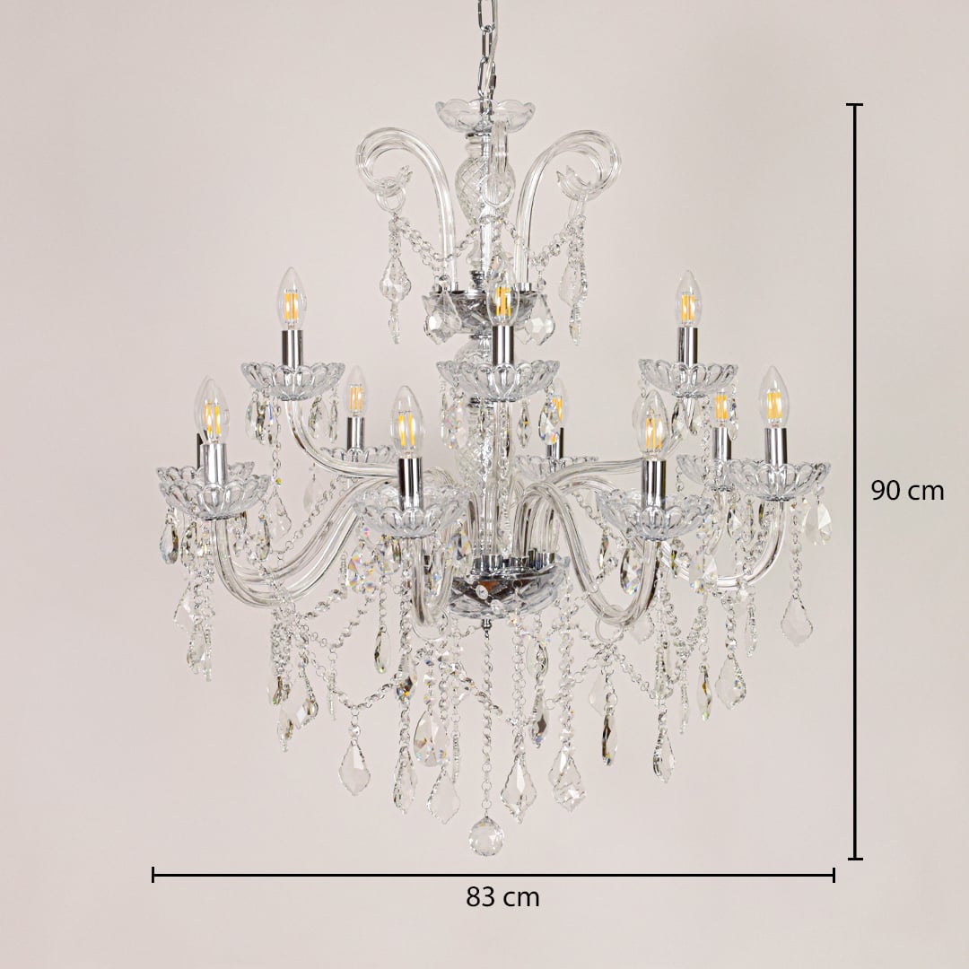 Large clear crystal chandelier sized 90 cm height and 83 cm width ideal for grand living room or dining room ceiling lighting.