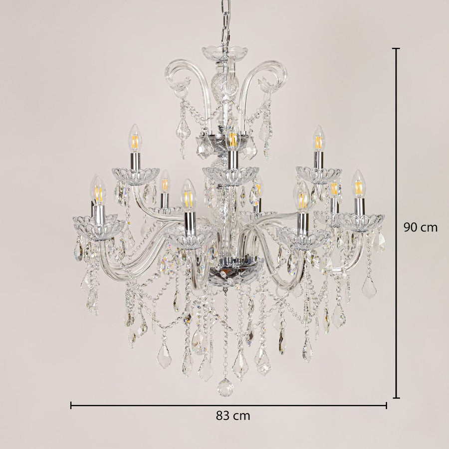 Large clear crystal chandelier sized 90 cm height and 83 cm width ideal for grand living room or dining room ceiling lighting.