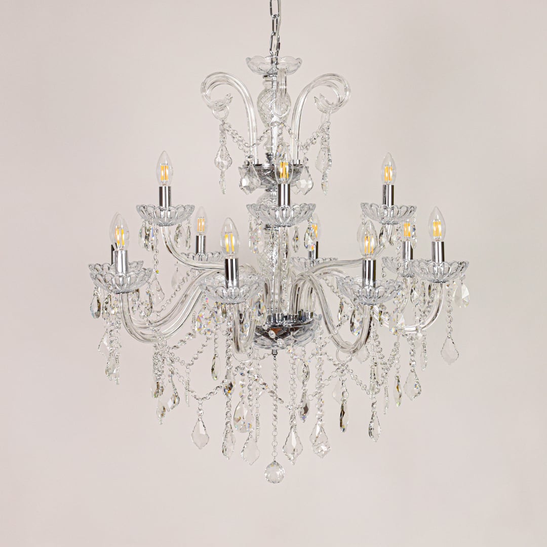 Large clear crystal chandelier displayed on white background ideal for classic bright interior ceiling styling.
