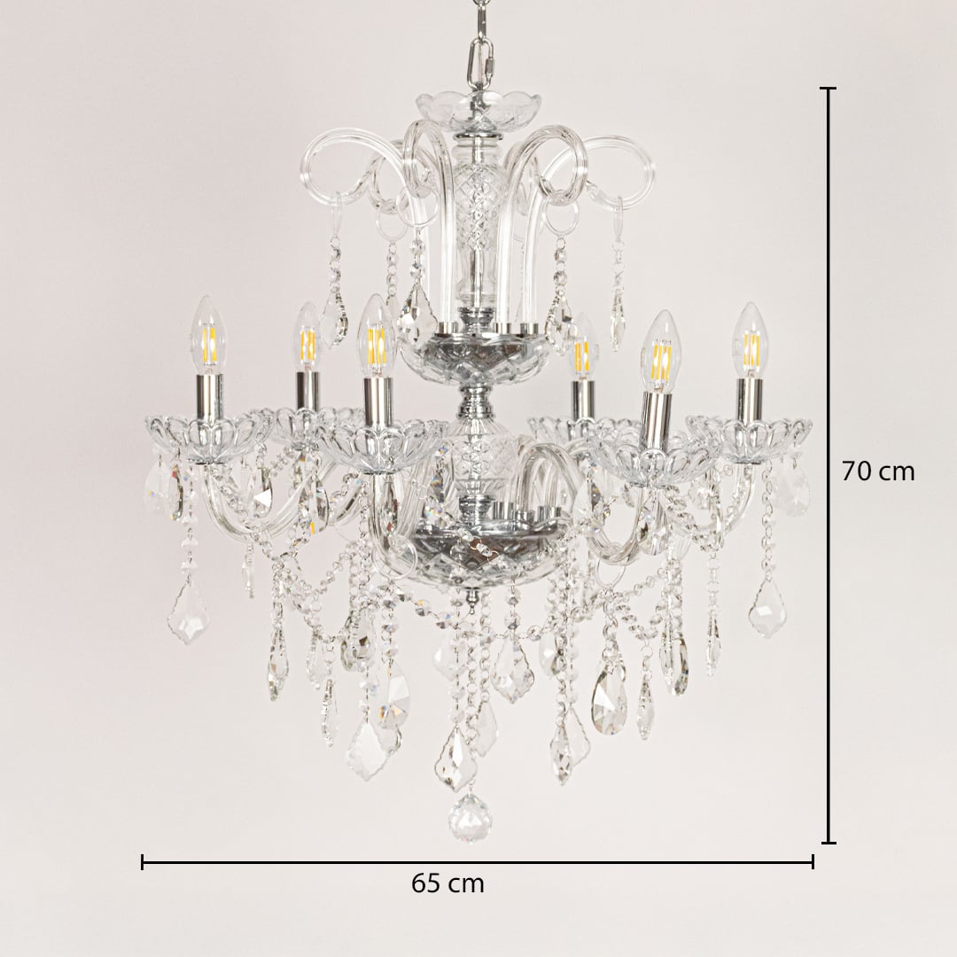 Clear crystal chandelier sized 70 cm height and 65 cm width ideal for elegant living room or dining room ceiling lighting.