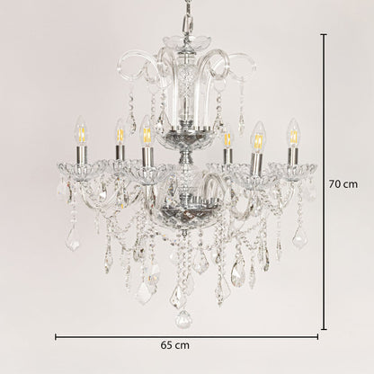 Clear crystal chandelier sized 70 cm height and 65 cm width ideal for elegant living room or dining room ceiling lighting.