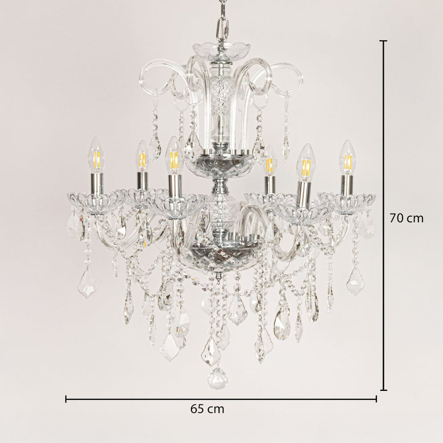 Clear crystal chandelier sized 70 cm height and 65 cm width ideal for elegant living room or dining room ceiling lighting.