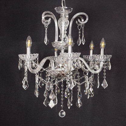 Clear crystal chandelier shown on black background highlighting premium crystal details for elegant ceiling decor.