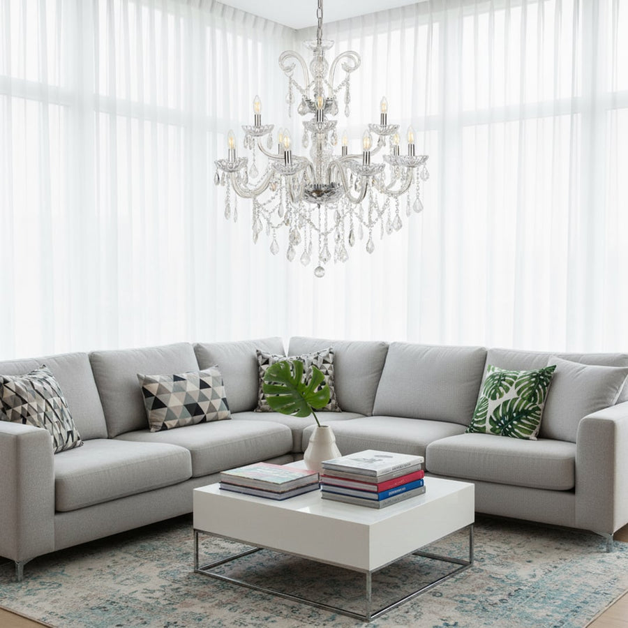 Large clear crystal chandelier adds bright elegant lighting to living room or dining room ceilings creating a luxury ambience.