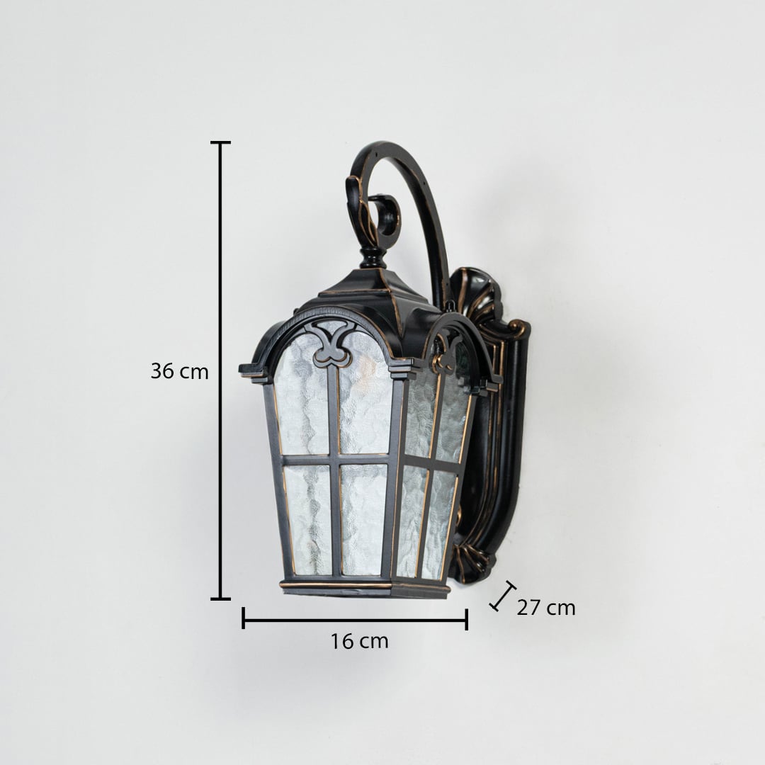 Dimensions image shows black metal outdoor wall lantern measuring 36 cm height 16 cm width and 27 cm projection from wall.