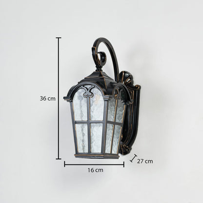 Dimensions image shows black metal outdoor wall lantern measuring 36 cm height 16 cm width and 27 cm projection from wall.
