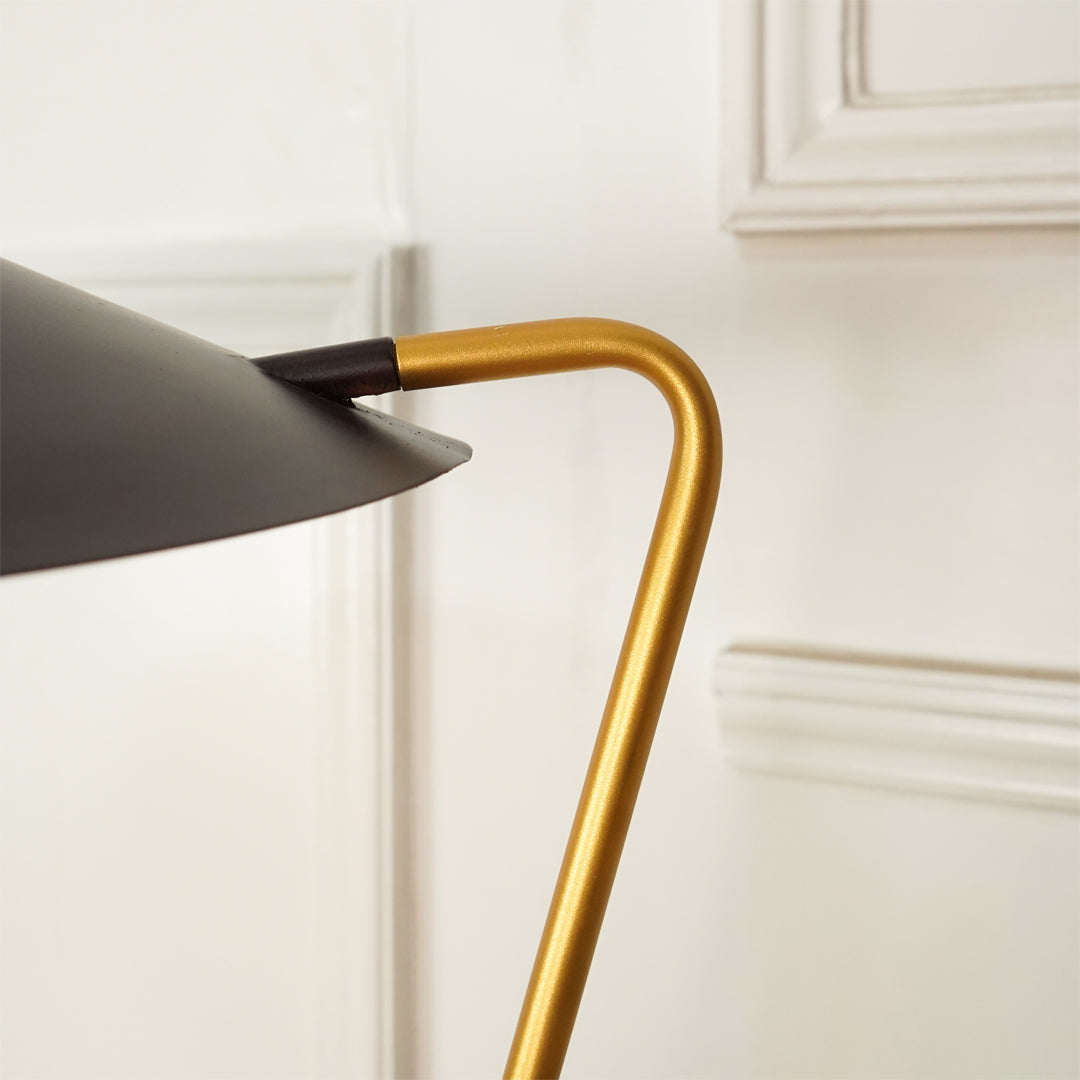 Close-up of a modern floor lamp with a matte black conical shade and a curved gold metal stem, set against a white paneled wall.