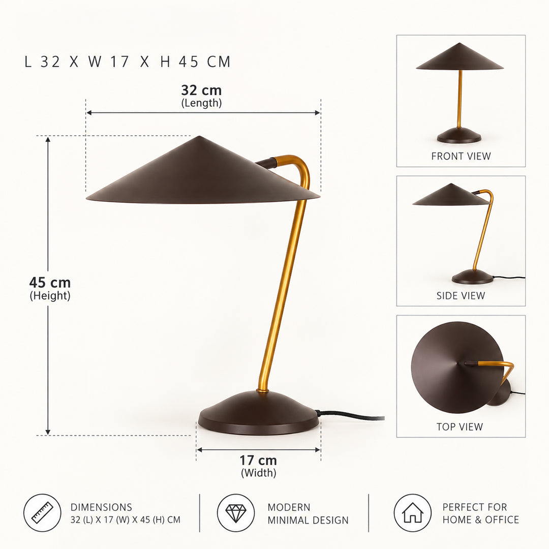 A desk lamp shown with dimension callouts and multiple view panels on a light background. The lamp has a dark brown conical shade and round base with a curved gold stem.