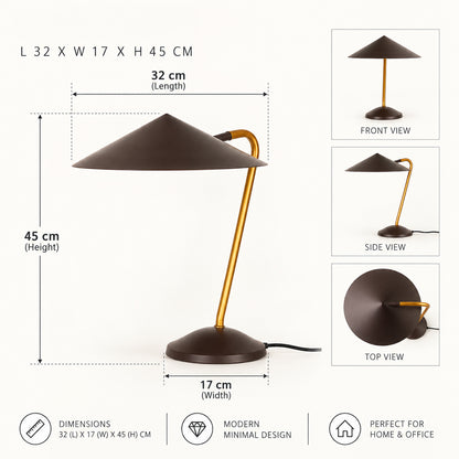 A desk lamp shown with dimension callouts and multiple view panels on a light background. The lamp has a dark brown conical shade and round base with a curved gold stem.