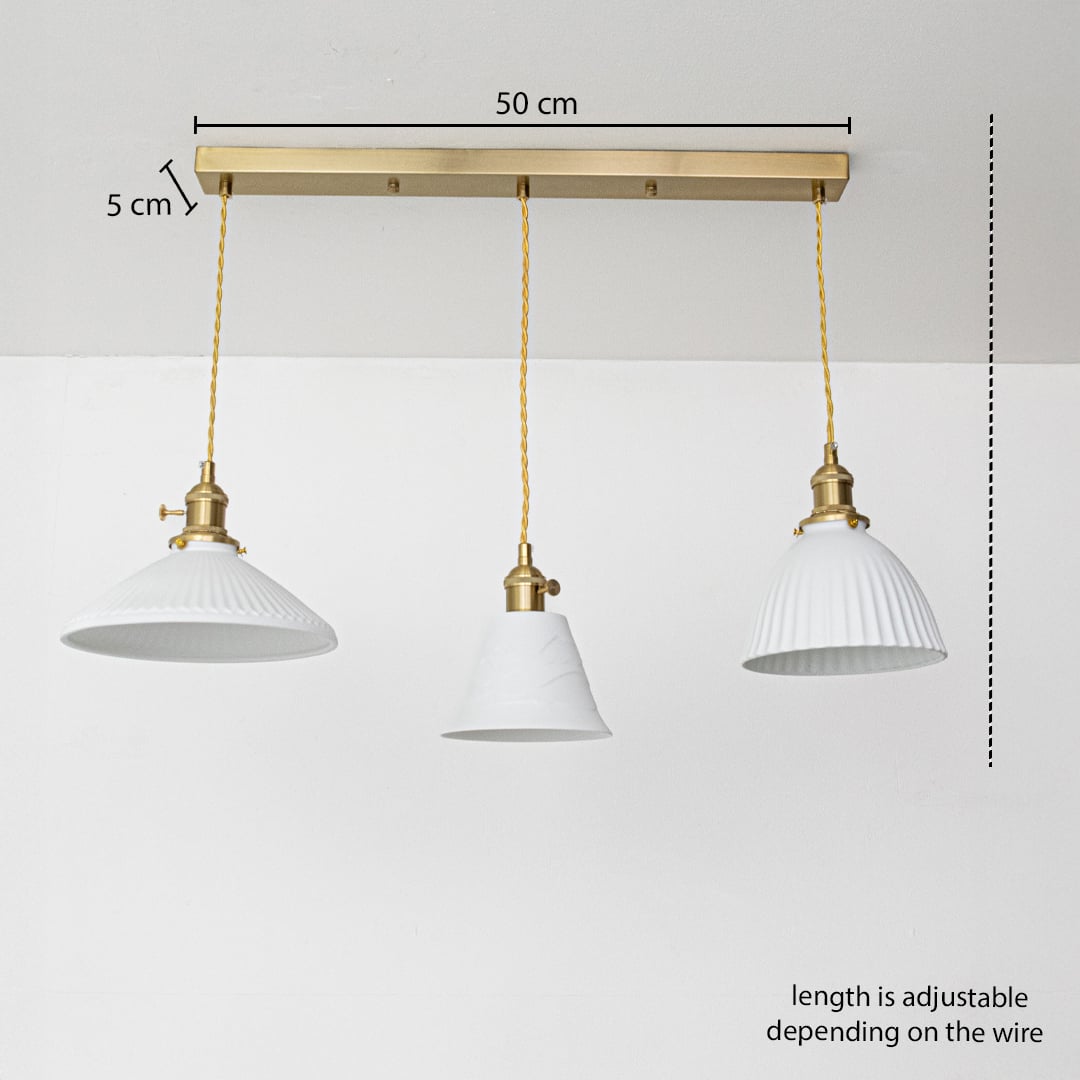 Triple white glass pendant light dimension image with adjustable length and 50 cm canopy for elegant dining placement.