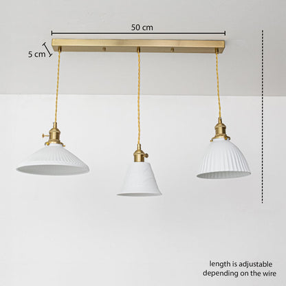 Triple white glass pendant light dimension image with adjustable length and 50 cm canopy for elegant dining placement.
