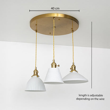 Triple white glass pendant light dimension image with adjustable length and 40 cm canopy for modern dining placement.