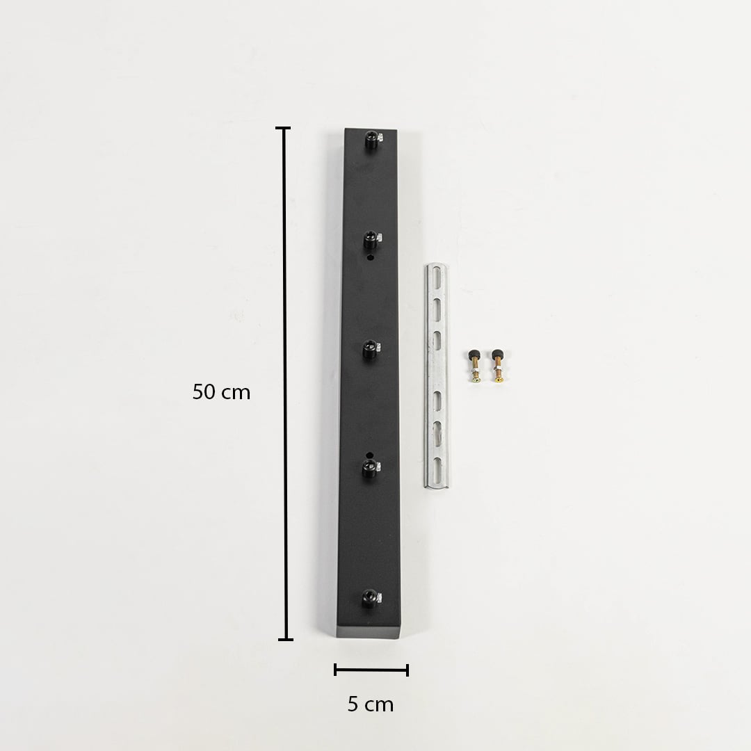 Black metal ceiling mounting plate dimension image with 5 cm width and 50 cm length for pendant light installation.