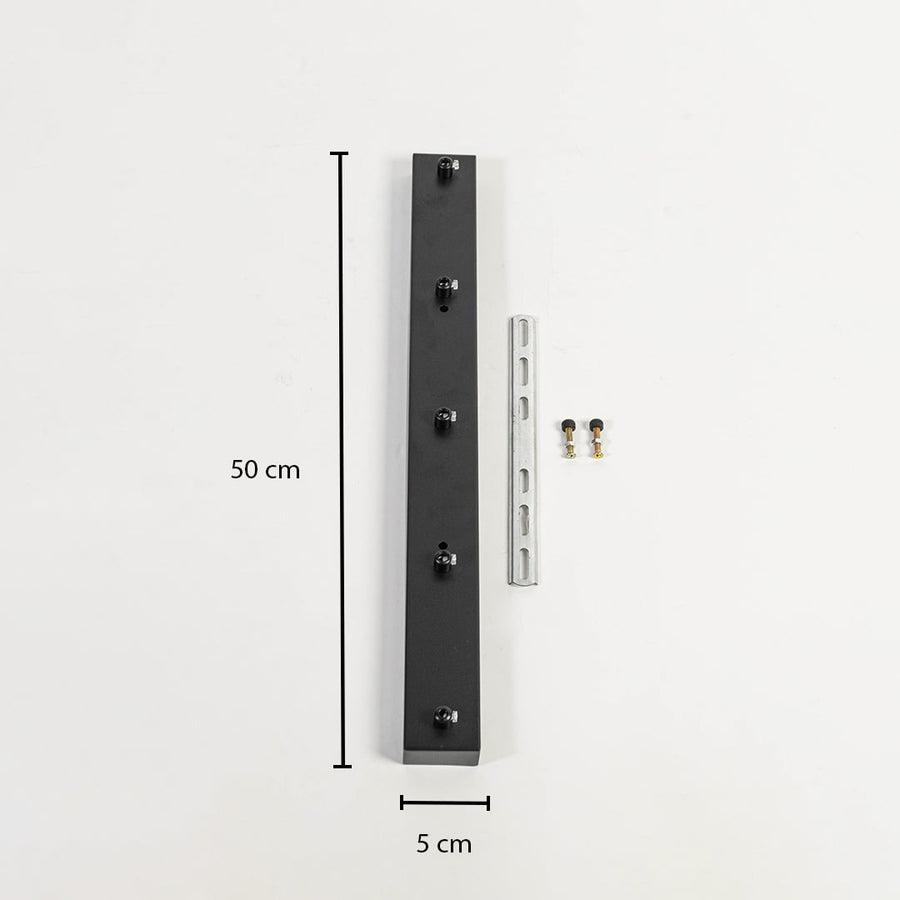 Black metal ceiling mounting plate dimension image with 5 cm width and 50 cm length for pendant light installation.