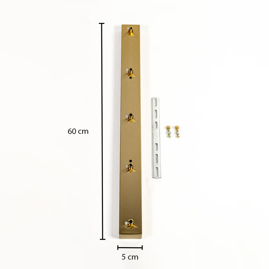 Gold metal ceiling mounting plate dimension image with 5 cm width and 60 cm length for pendant light installation.