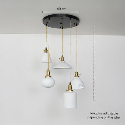 Five assorted white glass pendant lights dimension image with adjustable length and 40 cm canopy for modern dining placement.