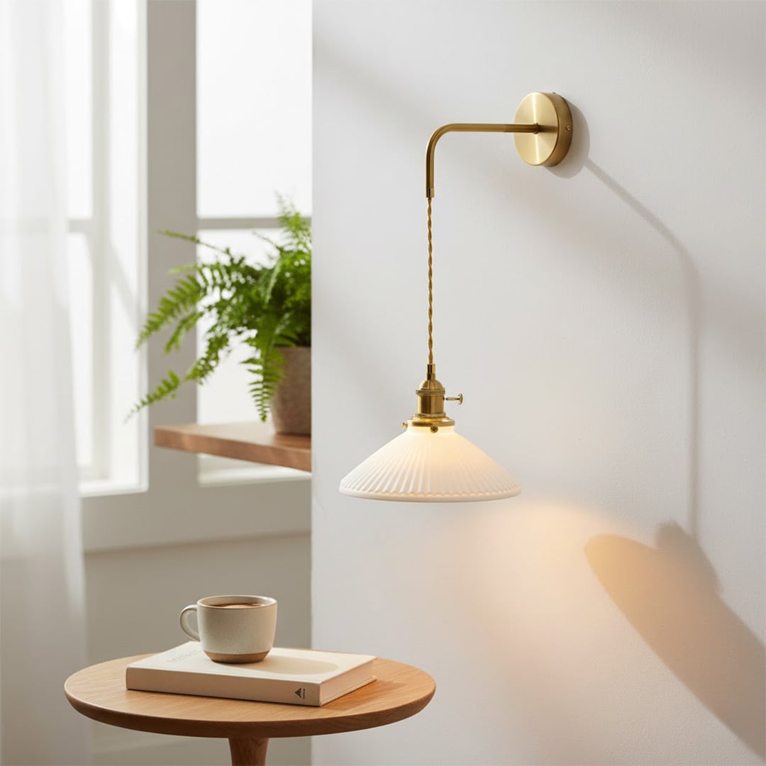 Gold metal pendant wall light lifestyle image with cone glass shade for elegant modern living room decor.