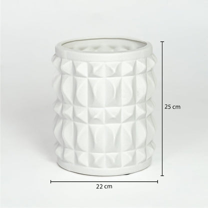White ceramic geometric planter measuring 25 cm height and 22 cm width perfect for modern indoor decor styling.