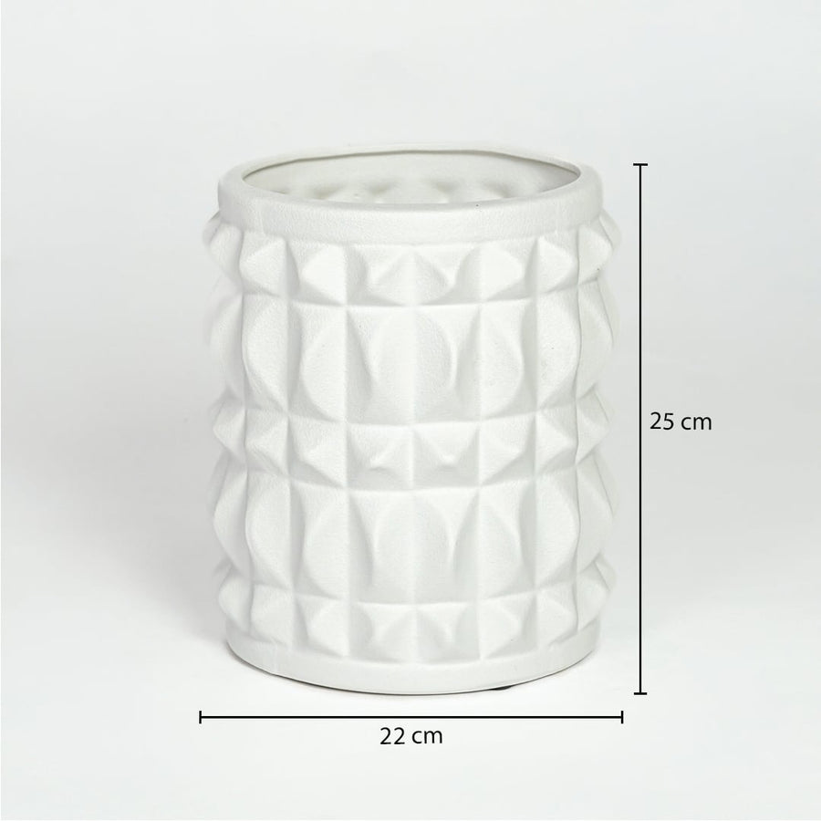 White ceramic geometric planter measuring 25 cm height and 22 cm width perfect for modern indoor decor styling.