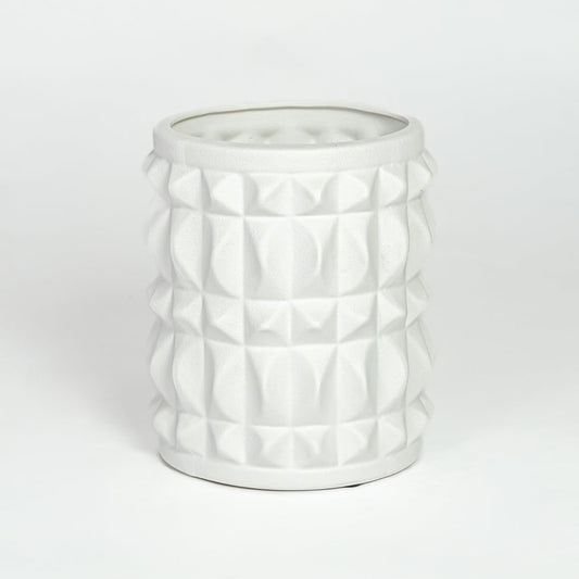 White ceramic geometric planter with raised textured pattern isolated on clean white background for modern decor styling.