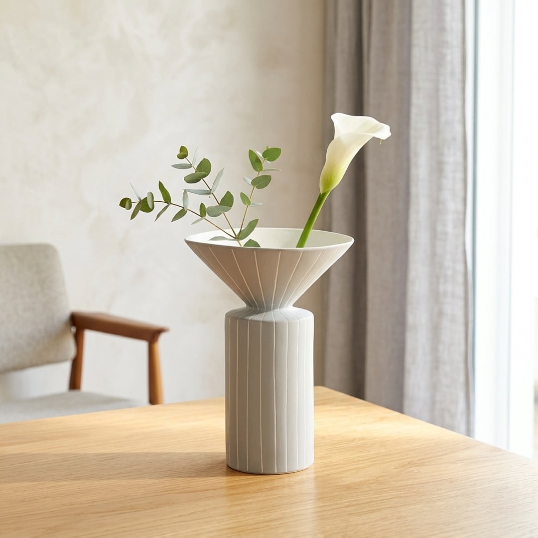 White ceramic flower vase placed on wooden table modern decorative vase for living room console home decor styling.