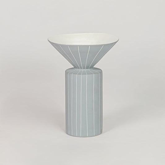 Blue ceramic flower vase with ribbed texture modern decorative vase for tabletop shelf console living room decor styling.