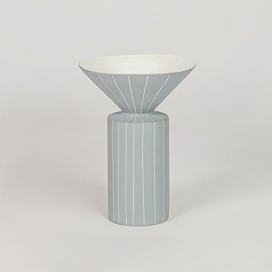 Blue ceramic flower vase with ribbed texture modern decorative vase for tabletop shelf console living room decor styling.