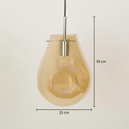 Amber glass pendant light with chrome finish and measured size for ceiling lighting selection.