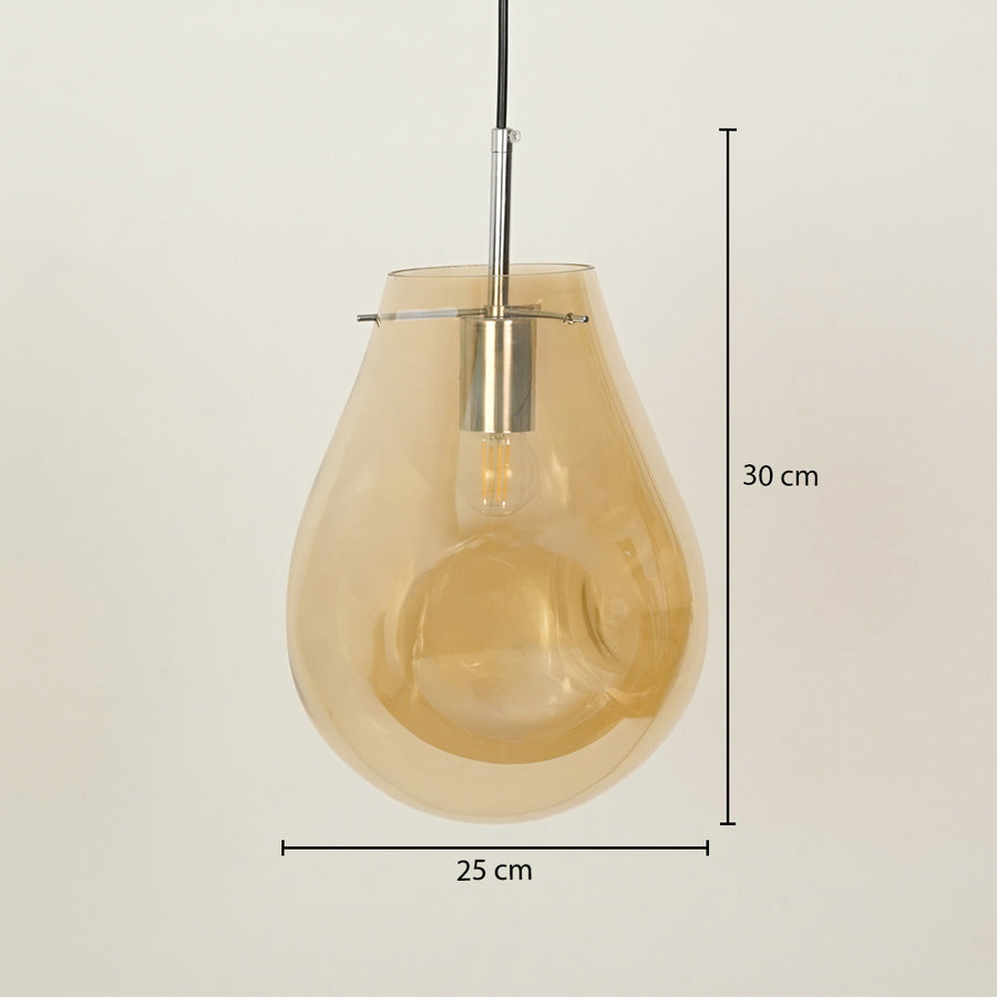Amber glass pendant light with chrome finish and measured size for ceiling lighting selection.