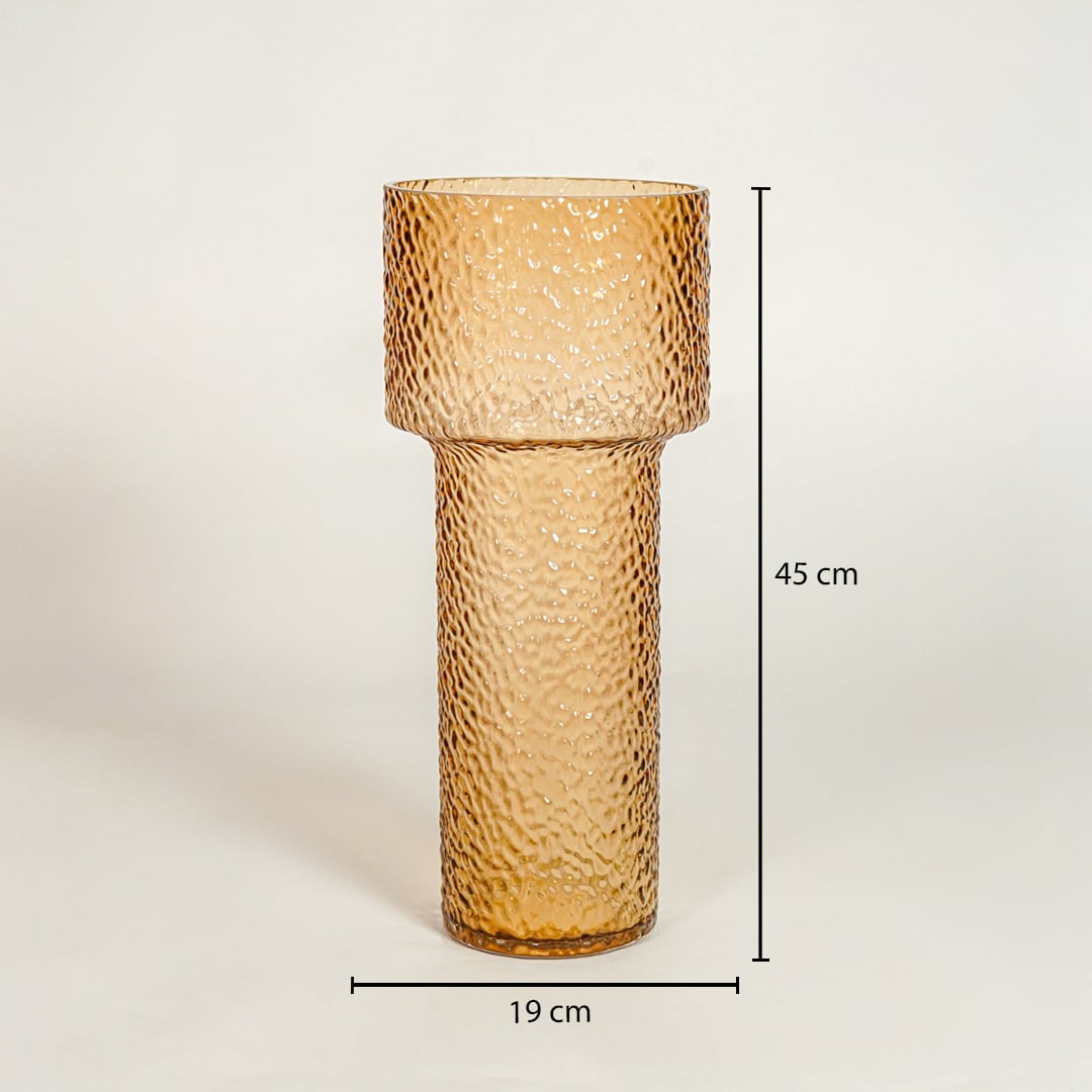 Amber textured glass vase dimension image showing 45 cm height and 19 cm width decorative glass accent for floor styling.